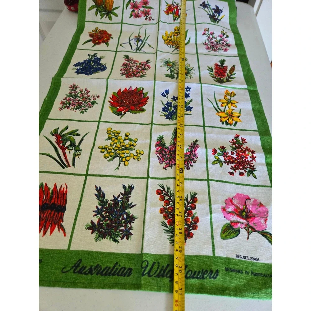 Vintage Neil Australian Wildflowers Pure Linen Tea Towel Green Floral 18x30